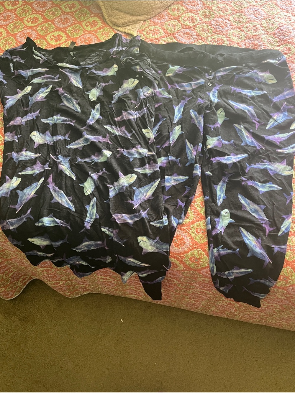 Torrid Black Pajama Set with Shark Print, top size 2, bottoms size 1.